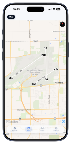 Airport map with runway overlay on an OpenFreeMap basemap