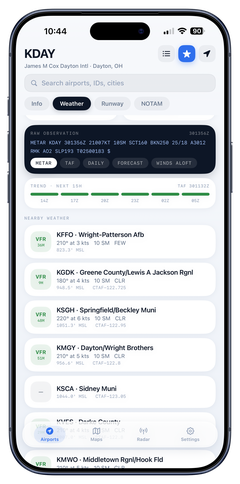 Nearby weather list for the fields around KDAY, each row carrying its flight category, observation age, wind, visibility, cloud layer, elevation and CTAF