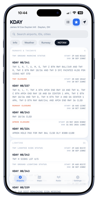 NOTAM screen for KDAY grouped into runways and taxiways, with closures highlighted and effective windows