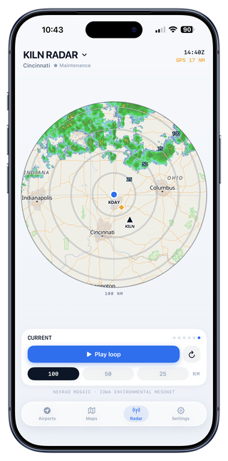 NEXRAD radar scope centered on KDAY with range rings, precipitation returns, and a play loop control